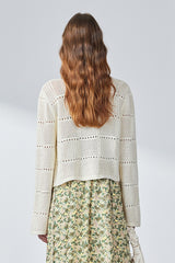 Textured Micro-Cut-Out Knit Pearl Button Cardigan