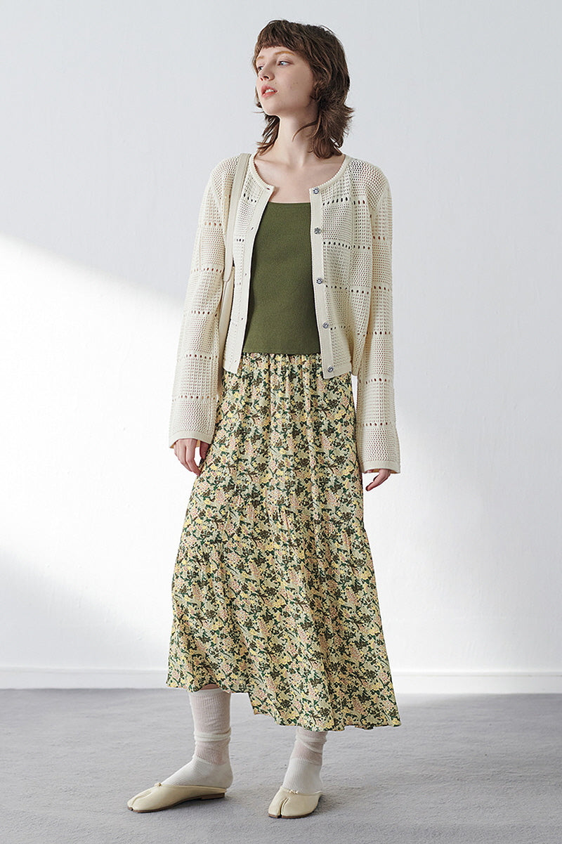 Textured Micro-Cut-Out Knit Pearl Button Cardigan