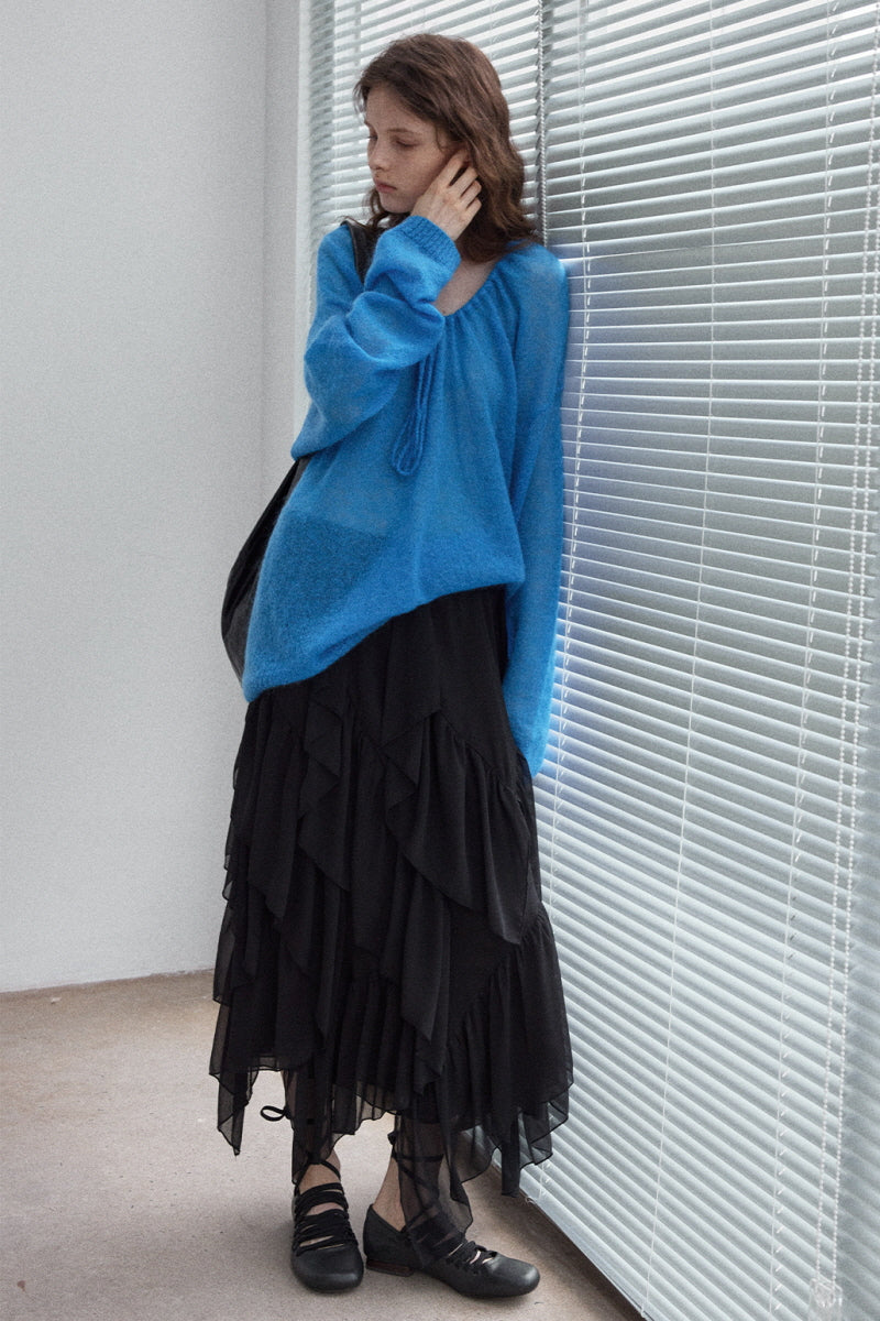 Laminated Ruffled Asymmetrical Skirt