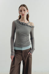 Twisted Neck Asymmetrical Contrast Knit Top