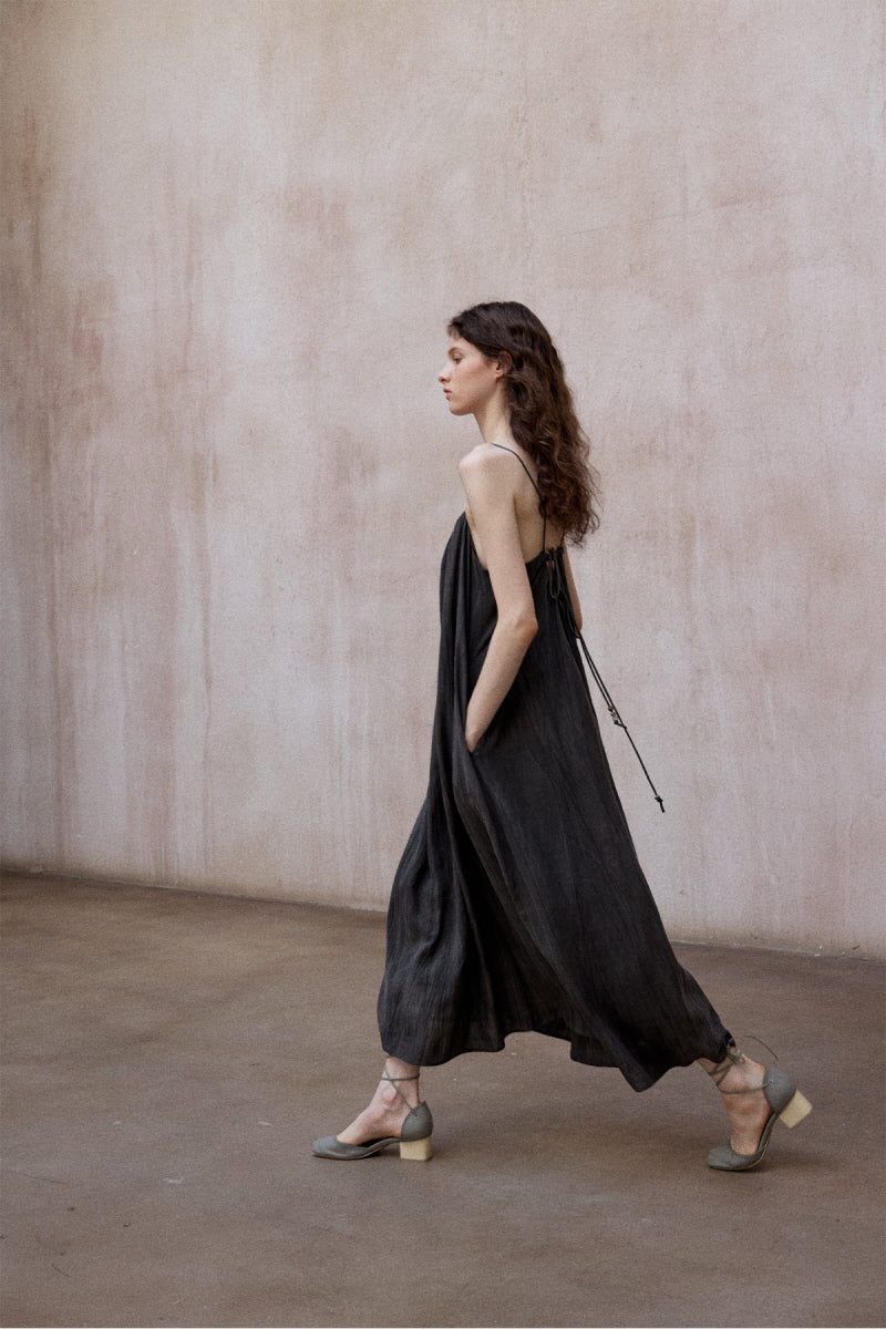 Pleated Backless Slip Dress