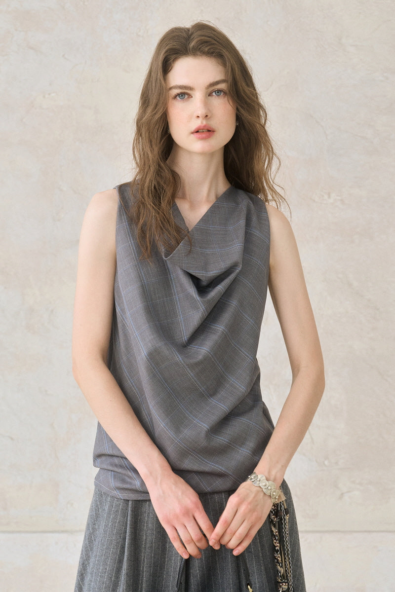 Plaid Drape Collar Top