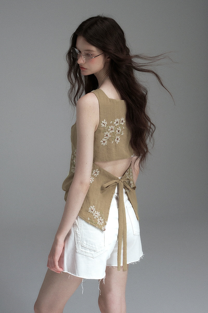 Back Cut-Out Embroidered Sleeveless Vest