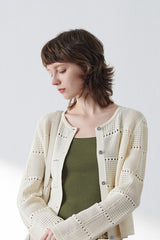 Textured Micro-Cut-Out Knit Pearl Button Cardigan