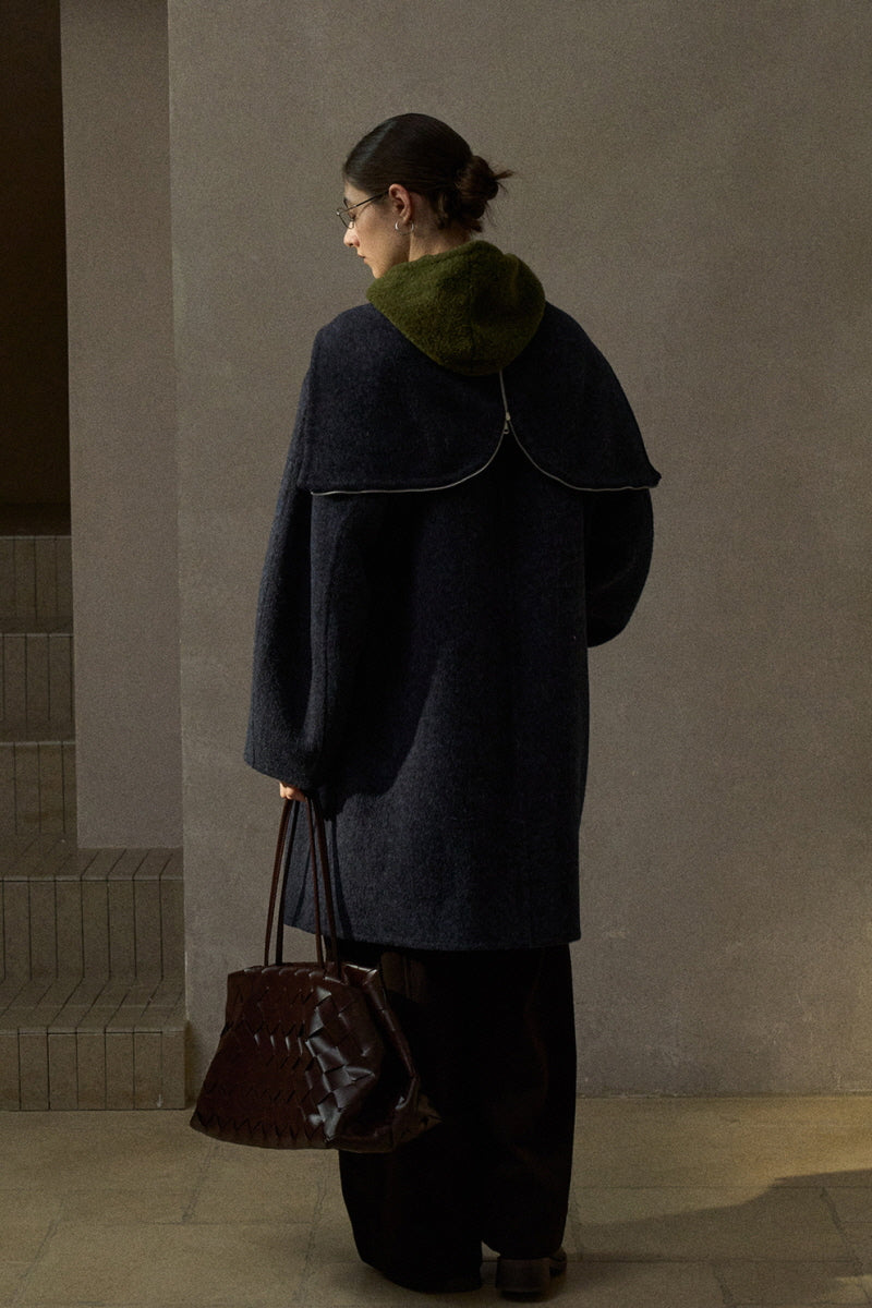 Hooded Scimitar-Sleeve Reversible Coat