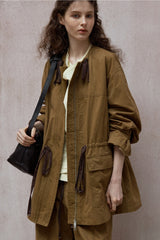 Washed Drawstring Crew Neck Jacket