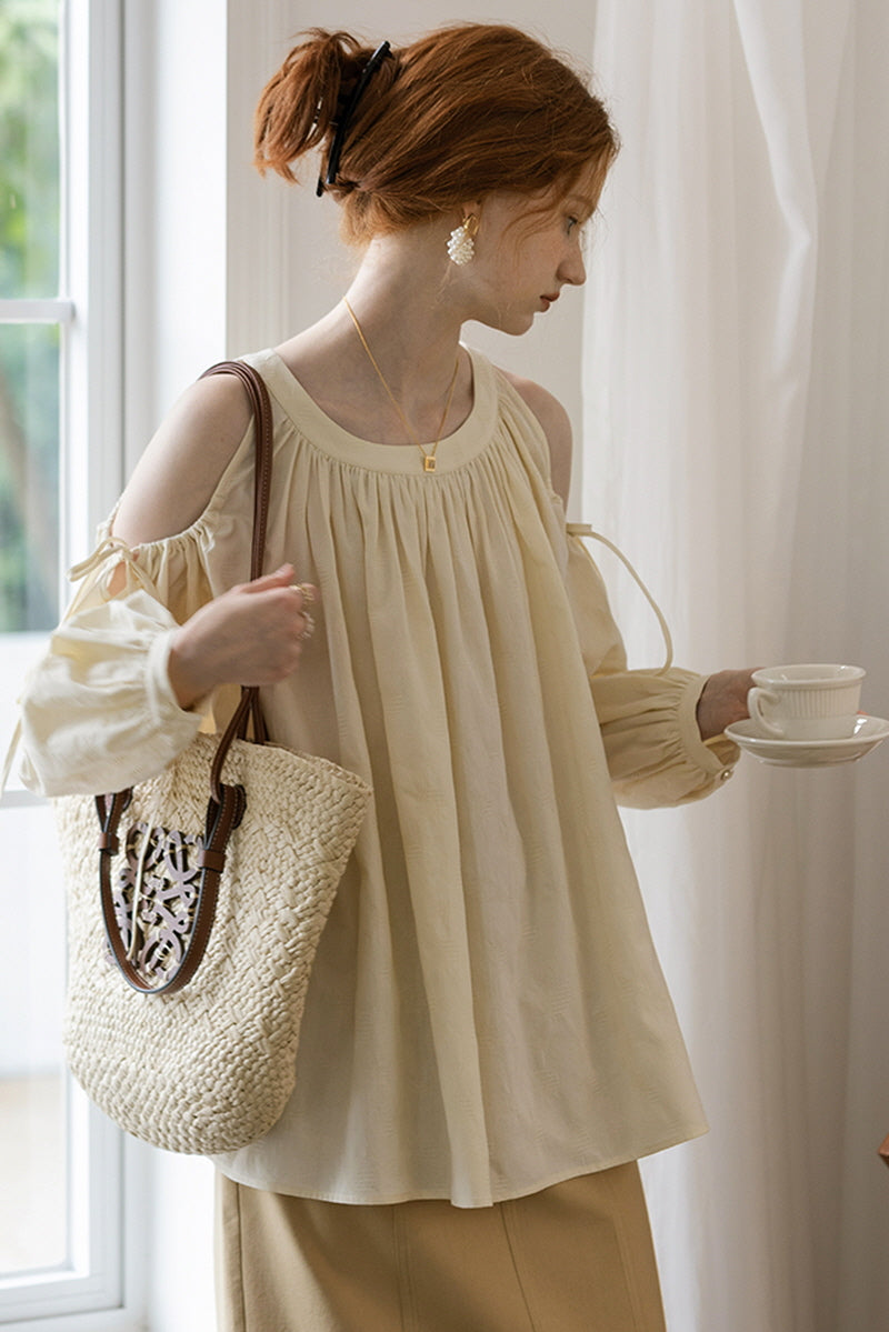 Shirred Off-Shoulder Loose Long Sleeve Shirt