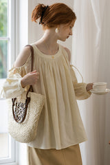 Shirred Off-Shoulder Loose Long Sleeve Shirt