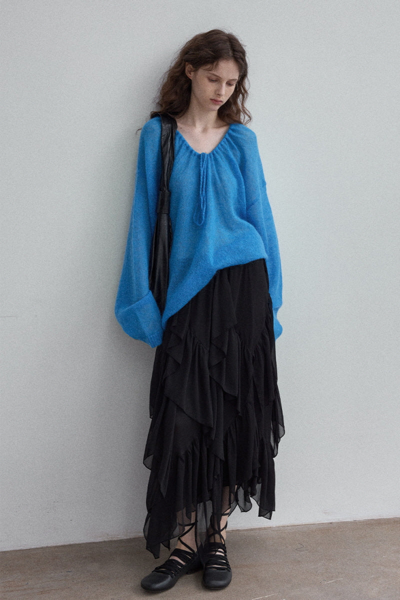 Laminated Ruffled Asymmetrical Skirt