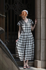 French Vintage Tie V-Neck Check Dress