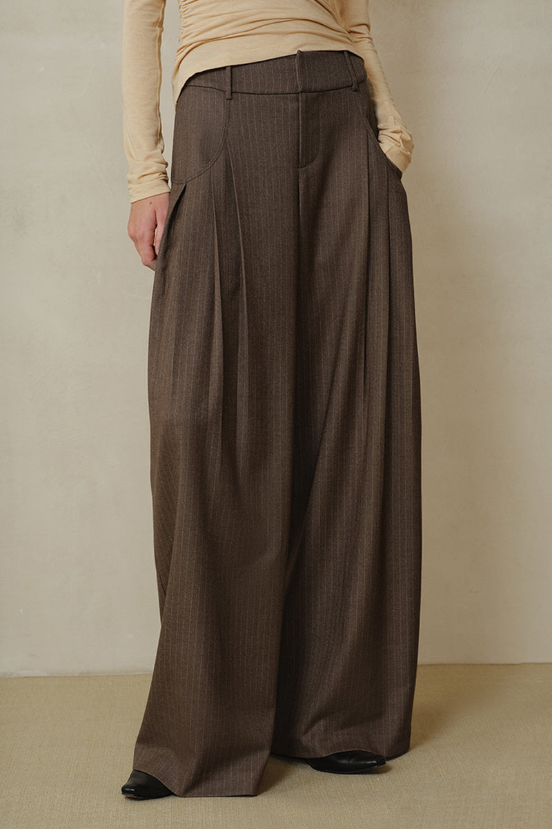 Curved Pocket Pleated Wide-Leg Pants