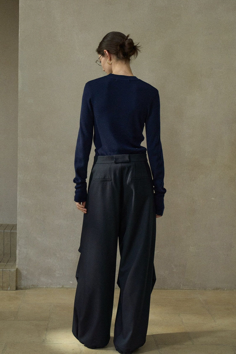 Three D-Pleated Fold-Top Wide-Leg Pants