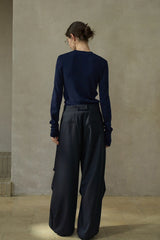 Three D-Pleated Fold-Top Wide-Leg Pants