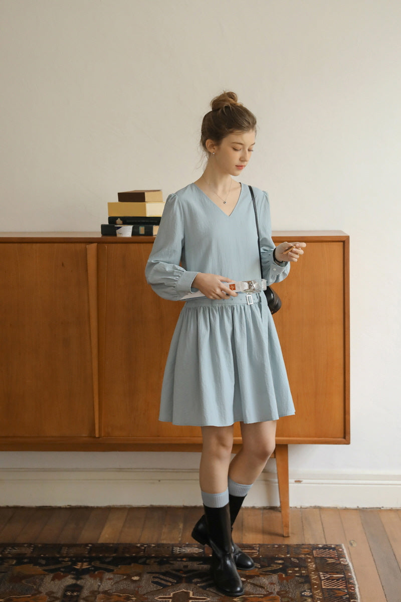 Double Belt Cinched V-Neck Long Sleeve Dress