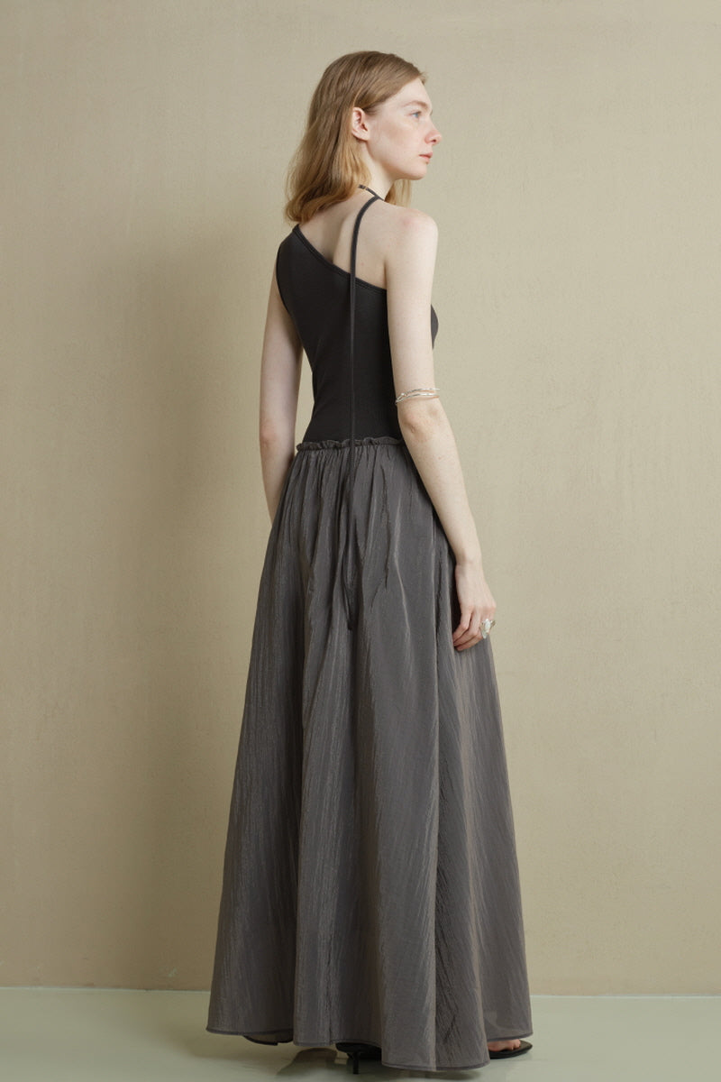 Irregular Panel Pleated Slanted-Shoulder Dress