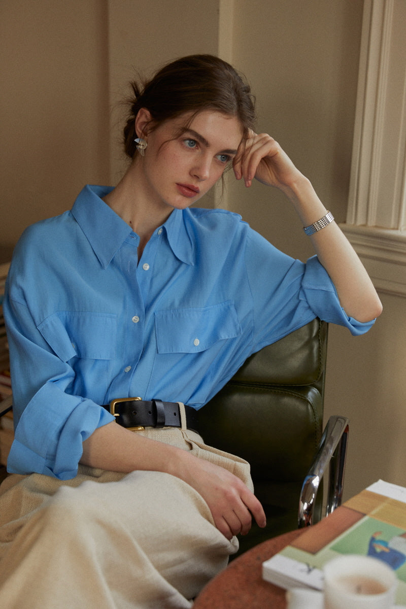 Bright Spring Blue Relaxed Lapel Long Shirt