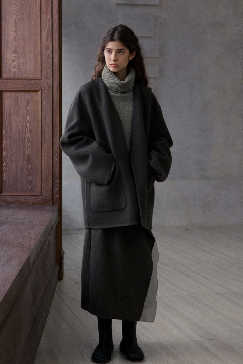 Long Scarf-Collar Two-Piece Reversible Jacket