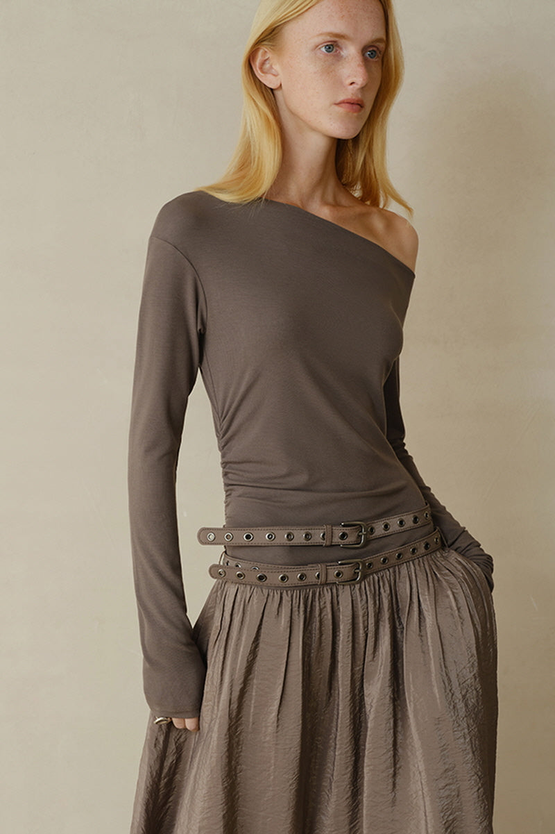 Double Belt Asymmetrical Shoulder Long Sleeve Dress