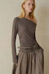 Double Belt Asymmetrical Shoulder Long Sleeve Dress