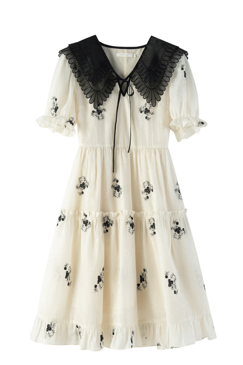 Navy Collar Paneled Embroidered Dress