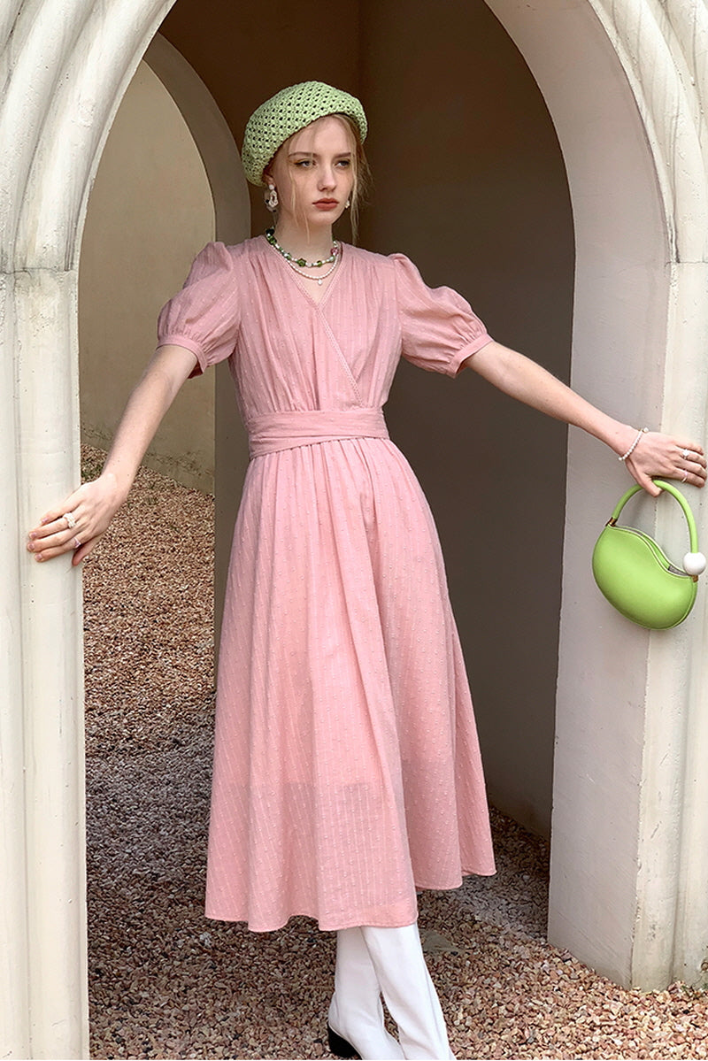 Folded Placket Tie Waist Casual Dress