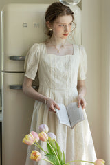 Square Neck Embroidered Pleated Dress