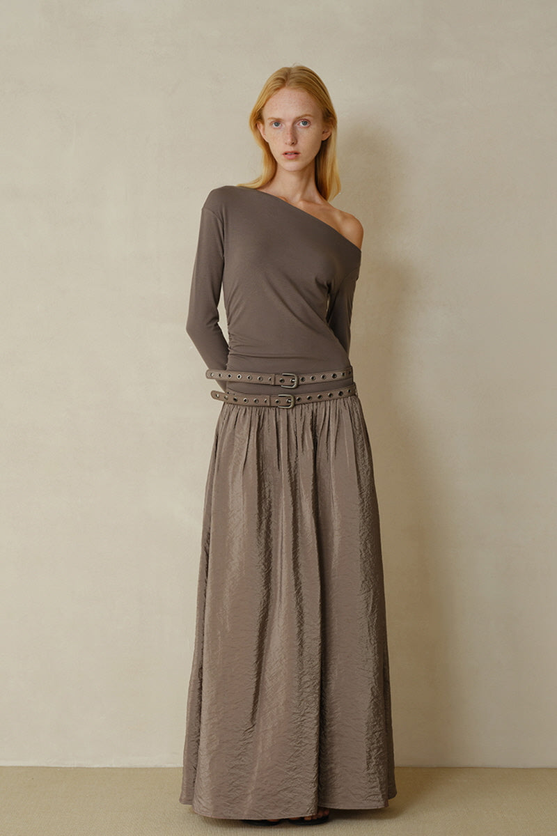 Double Belt Asymmetrical Shoulder Long Sleeve Dress