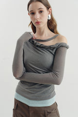 Twisted Neck Asymmetrical Contrast Knit Top