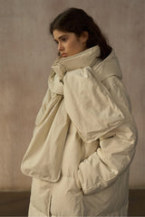 Matte Detachable-Hood Long Down Jacket