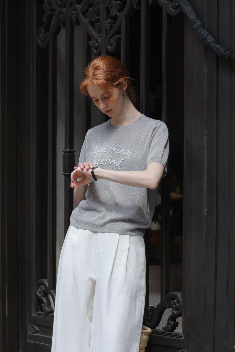 Contrast Embroidery Monogram Short Sleeve Sweater