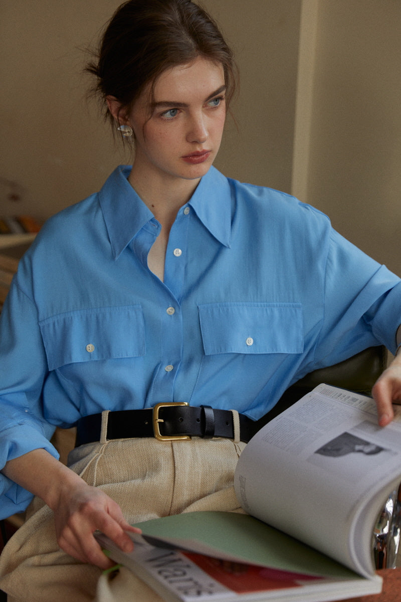Bright Spring Blue Relaxed Lapel Long Shirt