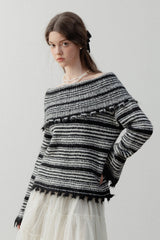 Lapel One-Shoulder Striped Sweater