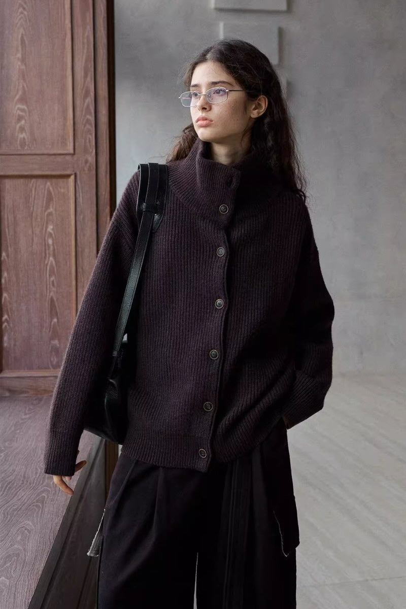 Stand-Collar Dropped-Shoulder Knit Cardigan