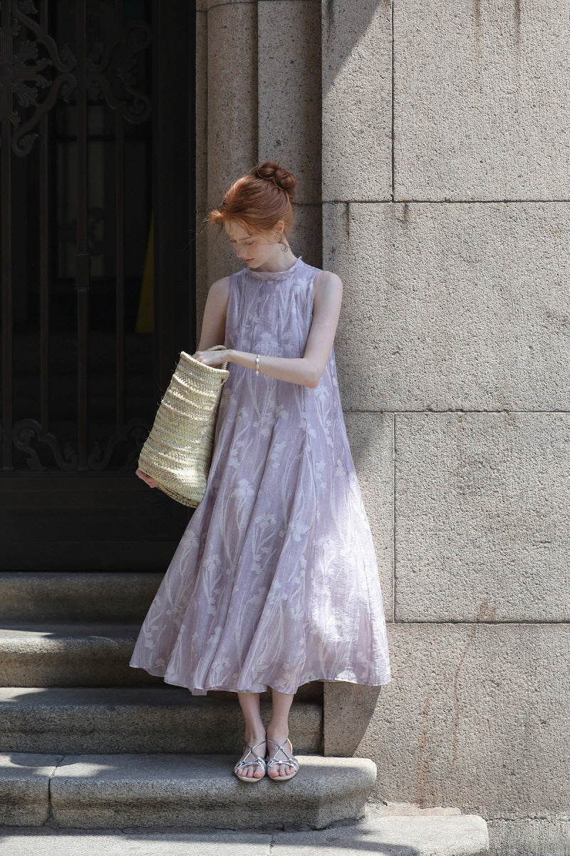 Streamer Stand Collar Sleeveless Dress