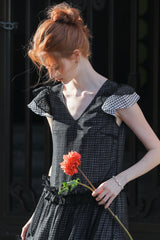 Gentle V-Neck Fly Sleeve Patchwork Check Dress
