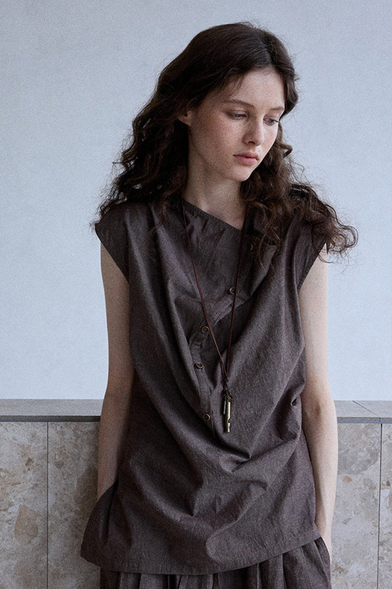 Asymmetric Slanted Placket Sleeveless Top