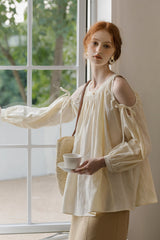 Shirred Off-Shoulder Loose Long Sleeve Shirt