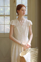 Court Fly Sleeve V-Neck Embroidered Lace-Up Dress