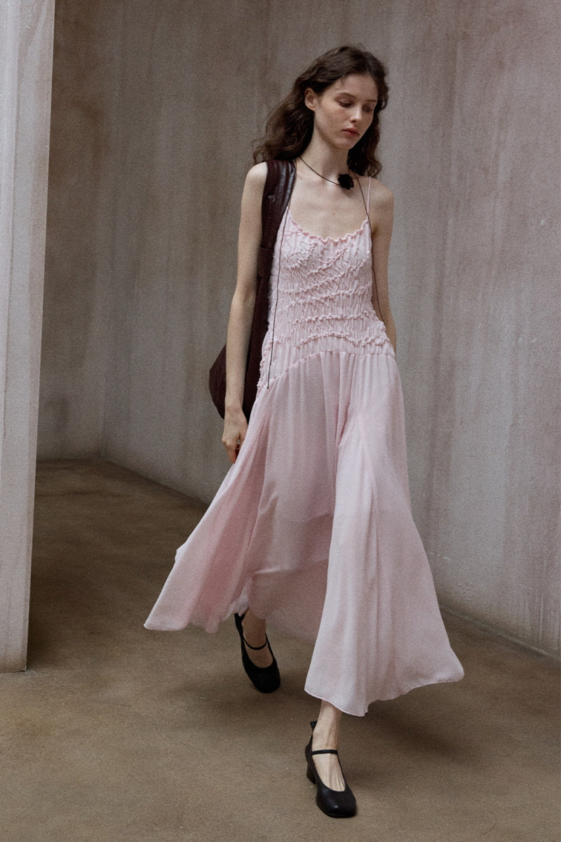 Pleated Asymmetrical Midi Slip Dress