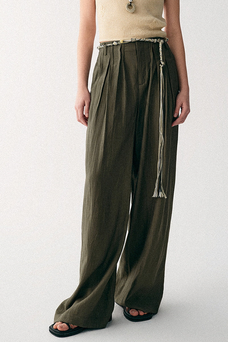 Hand-Braided Rope Waist Wide-Leg Pants