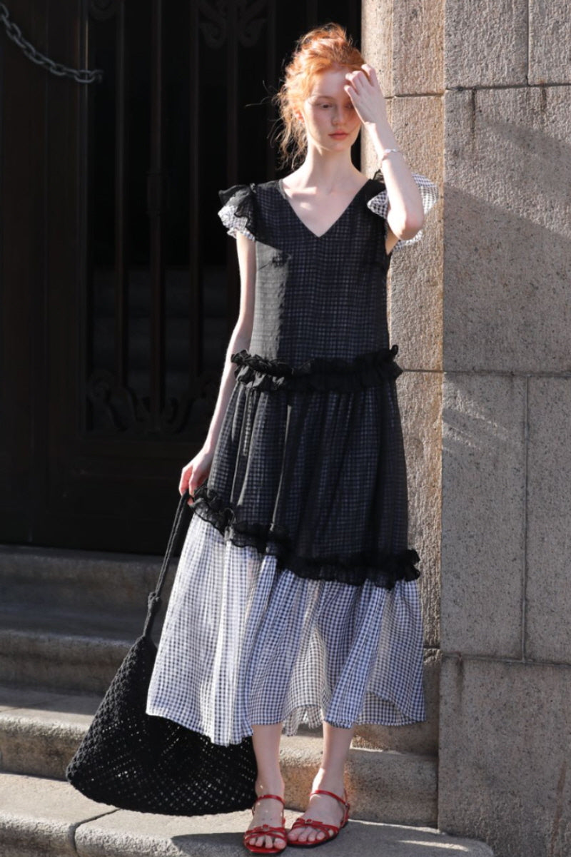 Gentle V-Neck Fly Sleeve Patchwork Check Dress