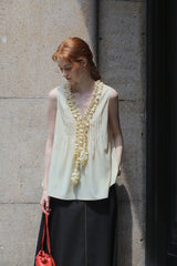French Romantic Fungus Trimmed Sleeveless Top