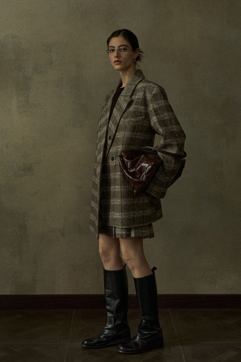 Retro Plaid Wide-Shoulder Suit Jacket