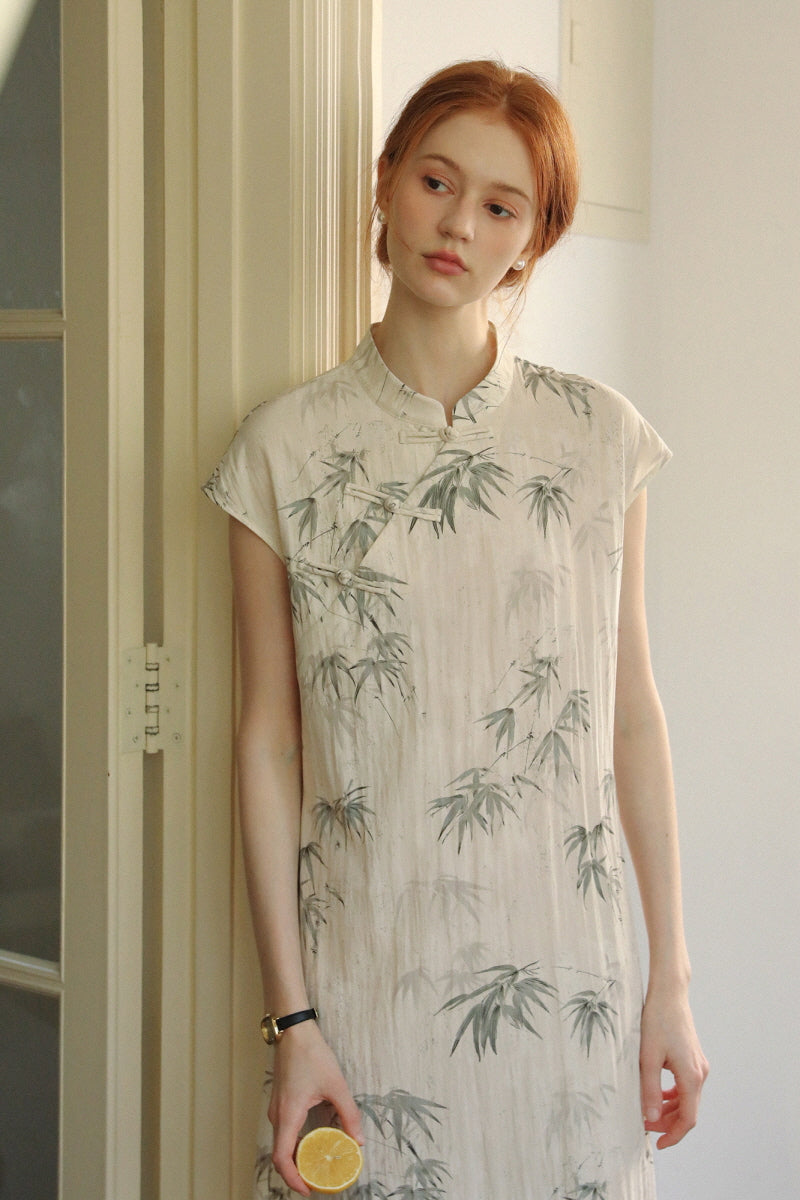 Diagonal Placket Ink Bamboo Cheongsam Dress