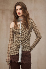 Asymmetrical Plaid Off-Shoulder Top