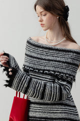 Lapel One-Shoulder Striped Sweater