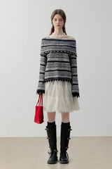 Lapel One-Shoulder Striped Sweater