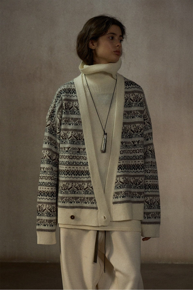 Oversized Fair Isle V-Neck Cardigan