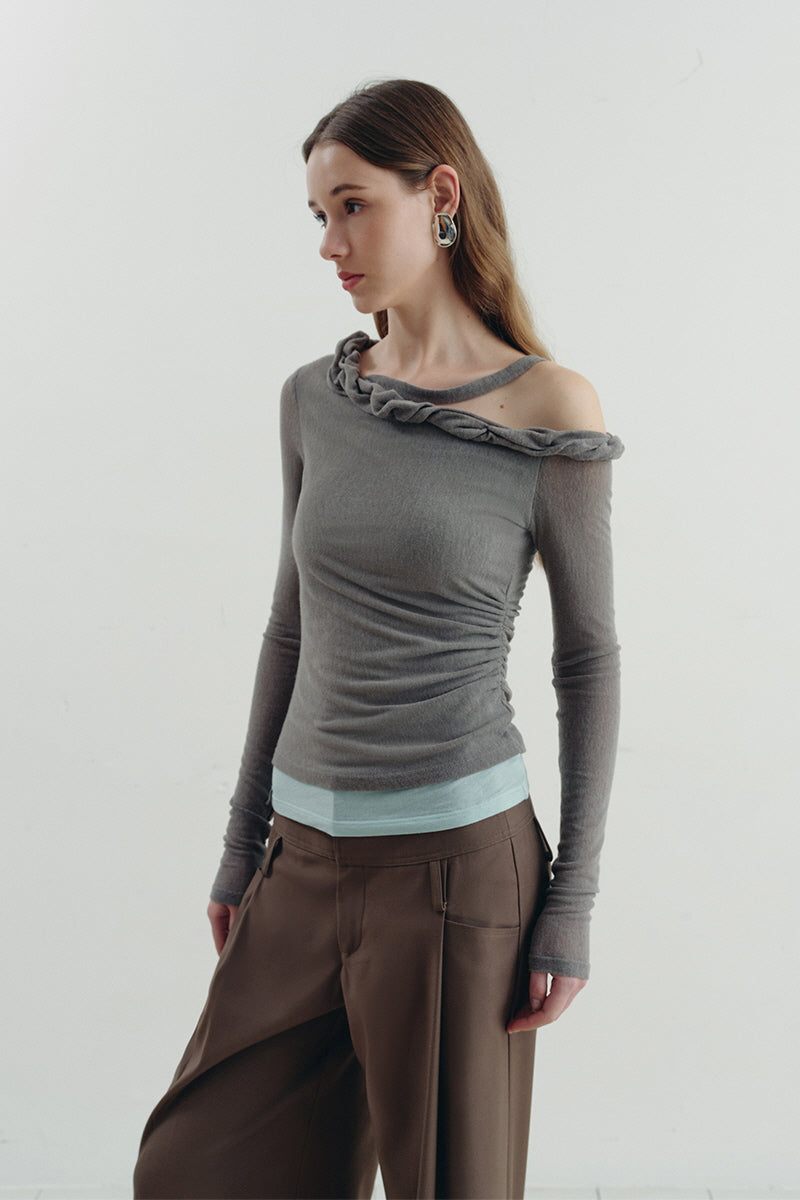 Twisted Neck Asymmetrical Contrast Knit Top