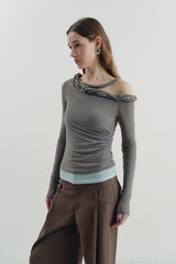 Twisted Neck Asymmetrical Contrast Knit Top